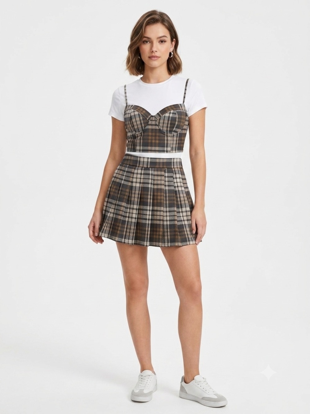Haute Monde Plaid 3-Piece Skort & Corset Crop Top Set Size Small plaid